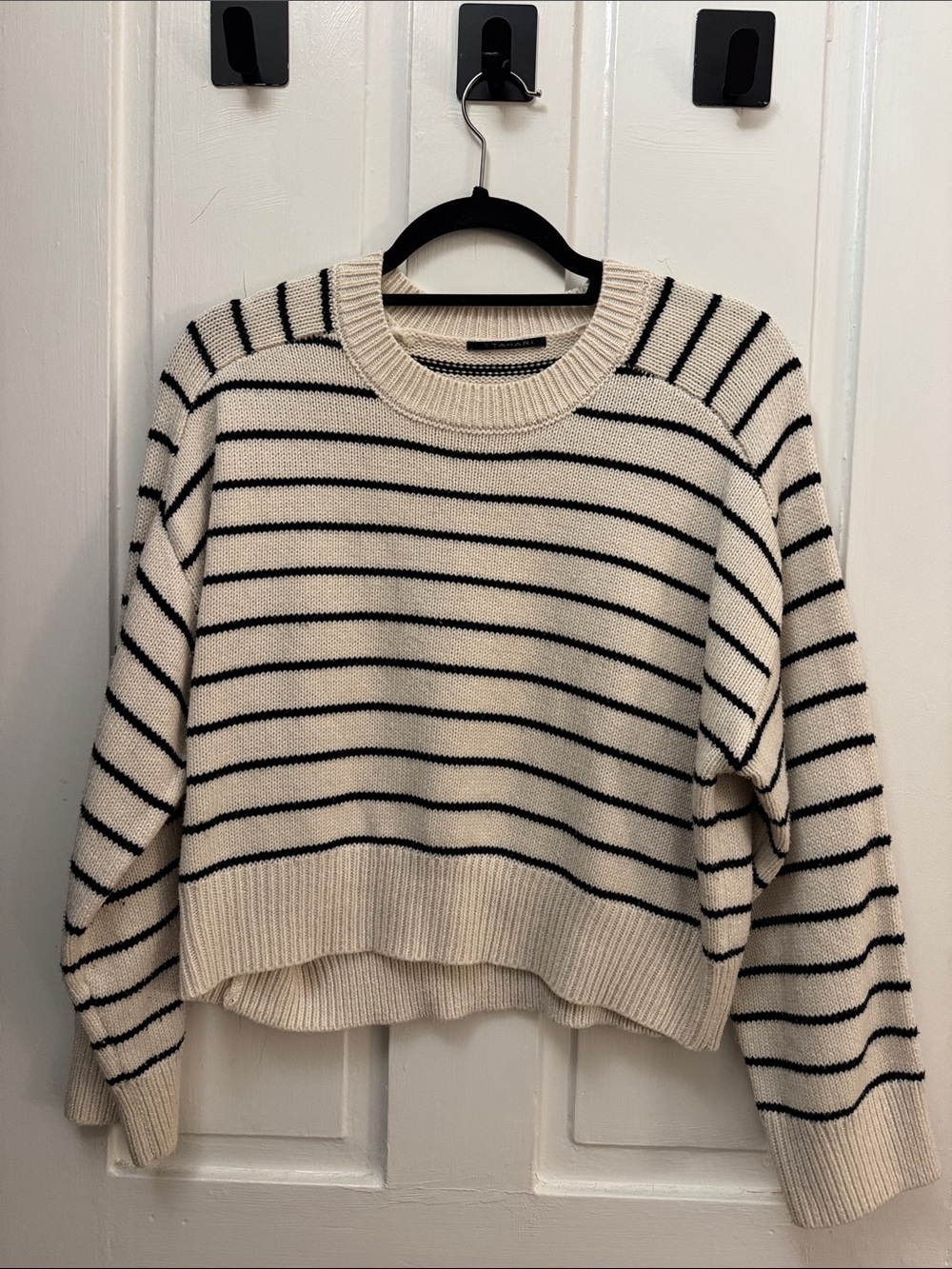 Tahari Cream and Black Striped Crewneck Sweater